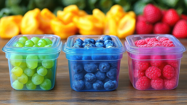 Colorful Fruit Containers: Green Grapes, Blueberries, and Raspberries Ready for Snacking