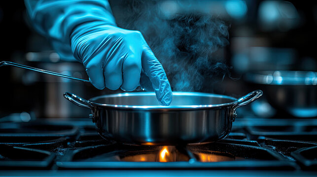 Chef's gloved hand tests boiling water in a saucepan on a gas stove, steam rising, close-up shot