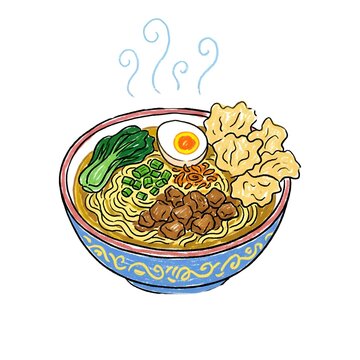 Hand Drawn Crayon Illustration of Mie Ayam Indonesian Noodle Bowl