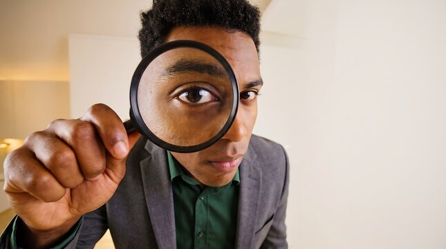 Man looking through magnifying glass, micromanagement, one person