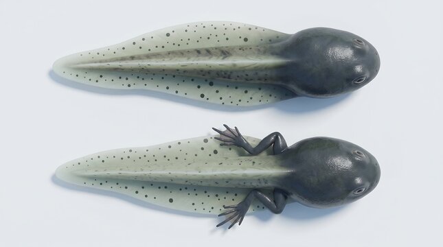 Two frog tadpole development stages on white background