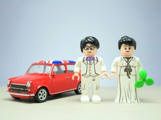 Fototapeta premium Indonesia - November 24, 2023 : Mini toy figure of lego at table with blurred background. Toy photography concept design.