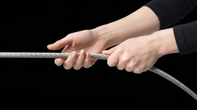 Close-up of human hands pulling a strong rope together, teamwork, cooperation, and business success concept