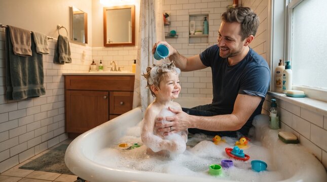 Father happily washing his smiling toddler son in a bubble bath with toys in a bright bathroom