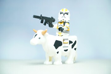 Fototapeta premium Indonesia - November 10, 2023 : Mini toy of action figure at table with blurred background.