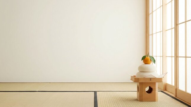 Traditional kagami mochi with orange on hinoki wooden sanbo in sunlit tatami room with shoji