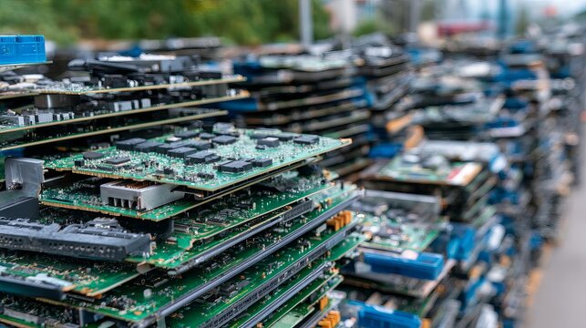 Discarded Servers and Circuit Boards Illustrating AI Hardware Waste, Rapid Obsolescence, Resource Consumption, and Electronic Pollution