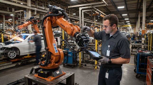 Automotive factory worker supervises robotic arm assembly line with tablet in modern manufacturing plant