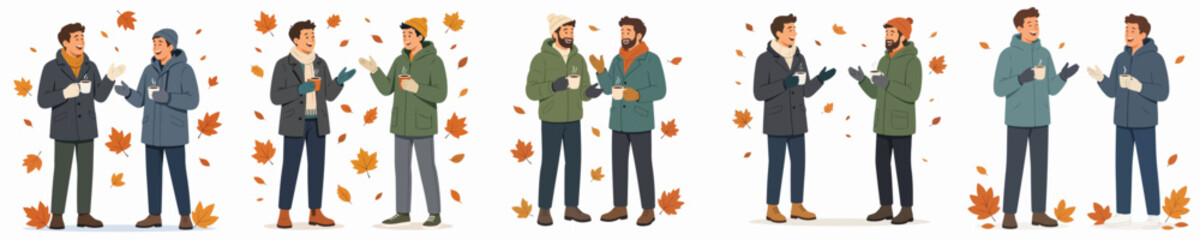 Fototapeta premium Vector illustration of two men standing, drinking hot coffee, and chatting during autumn