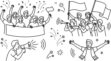 Fototapeta premium Sports fans and crowd cheering vector outline illustration set featuring people shouting holding flags banners and using megaphone