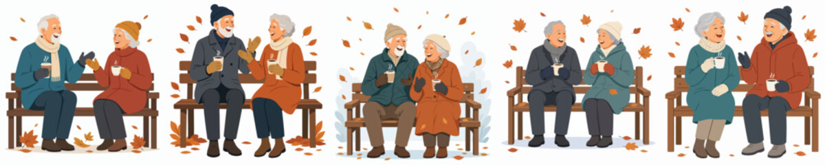 Fototapeta premium vector of a old couple sitting on a park bench drinking warm coffee and chatting in autumn