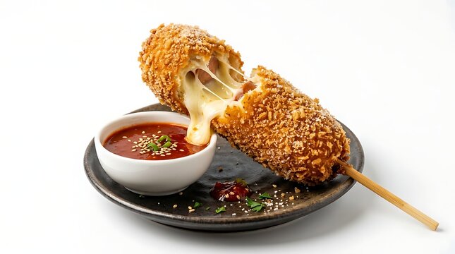 Korean style crispy corn dog with melted mozzarella cheese pull served with dipping sauce.