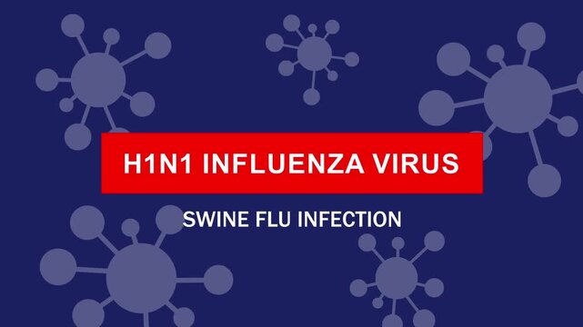 Medical animation featuring h1n1 influenza virus and swine flu infection concept with stylized microscopic pathogen particles floating on a dark blue background, for healthcare education
