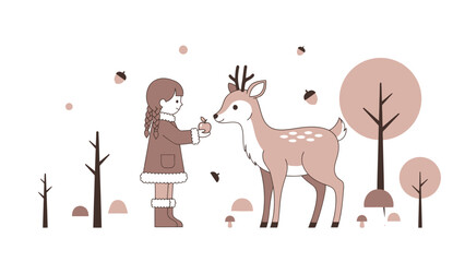 Fototapeta premium Cute Girl Feeding Deer in a Winter Forest Cartoon Style Gentle Colors Childrens Illustration