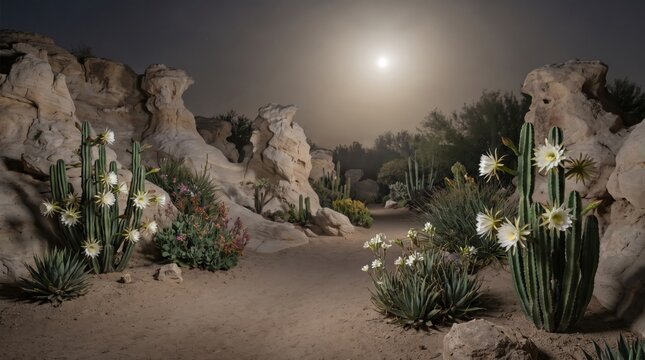 Blooming night-blooming cereus cacti in a desert landscape under a full moon night