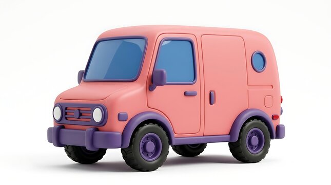 A cute 3D rendered cartoon style pink delivery van isolated on a white background.