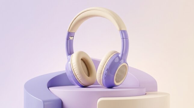 Pastel purple wireless headphones with memory foam ear cushions displayed on a matching pastel stand for modern audio technology enthusiasts seekin...
