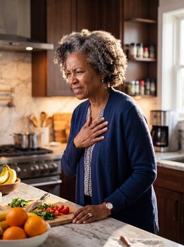 Senior African American woman experiencing chronic acid reflux discomfort