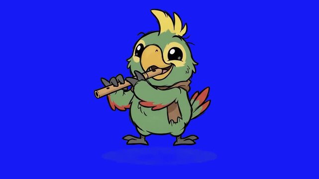 A cheerful 2D animated green parrot wearing a scarf playing a wooden flute on a solid blue background. Perfect for music education clips, children's content, bird animation, cartoon intros, and video 