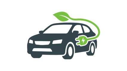 Fototapeta premium Electric vehicle vector illustration featuring a modern car silhouette with a green leaf charging plug