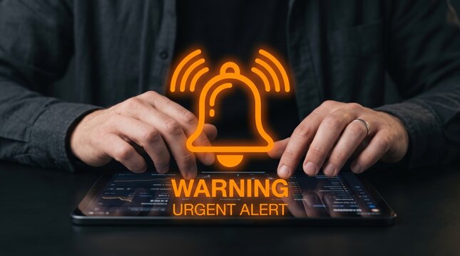 Person using tablet displaying a glowing orange warning bell icon and urgent alert text, symbolizing cybersecurity threats, system notifications, or critical error messages.