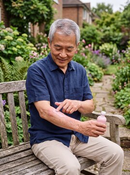 Senior East Asian male applying soothing calamine lotion