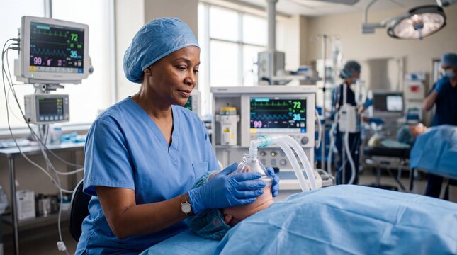 Female doctor administering general anesthesia through mask