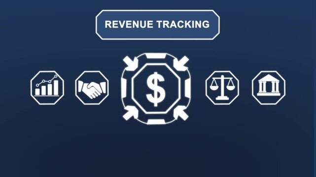 Revenue tracking and financial growth infographic animation featuring dynamic dollar sign business analytics charts, corporate handshake symbols, legal scales, and banking architecture