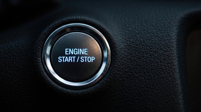 Close up of illuminated engine start stop button on car dashboard, modern automotive interior detail showing push to start ignition system for vehicle technology concept