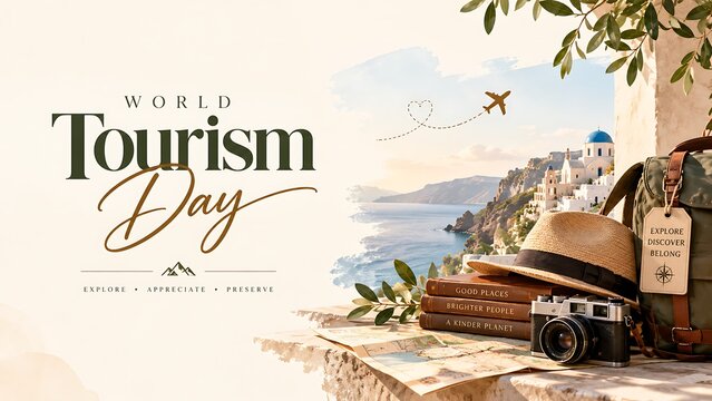 World Tourism Day travel background banner featuring Greek island scenery, vintage camera, straw hat, backpack, and books on a ledge