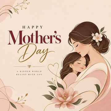 Happy Mothers Day greeting card design featuring an elegant mother hugging her sweet daughter surrounded by delicate flowers and warm pastel tones
