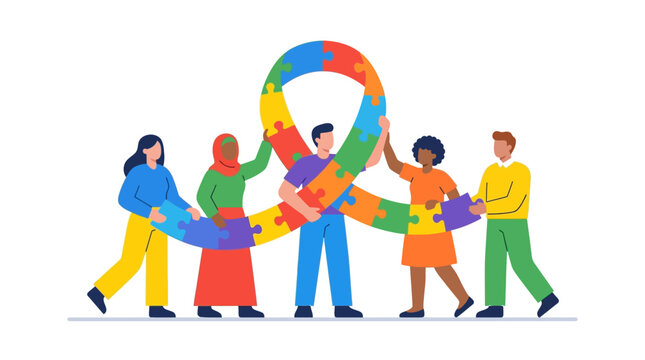 Diverse group of people holds a large autism awareness puzzle ribbon together in unity.