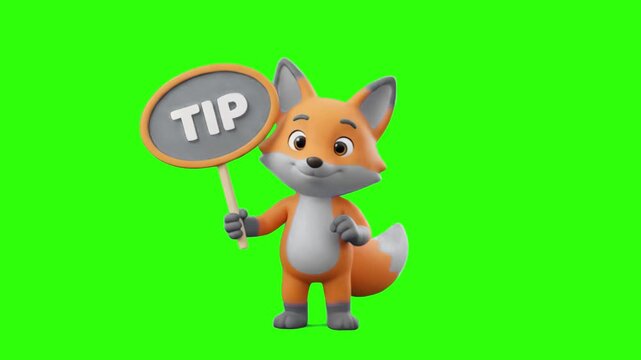 A 3D animated orange fox character holding a round Tip sign on a chroma key green background. Great for helpful advice videos, tutorial guides, life hacks, recommendation graphics, kids educational ch