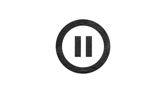 Minimalist black pause button icon with textured fabric pattern isolated on clean white background for music player user interface design element.