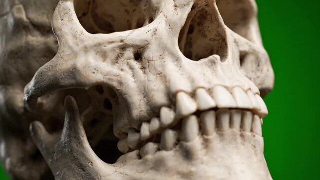 Human Skull Close Up Shot on Green Screen Background. 4K Video