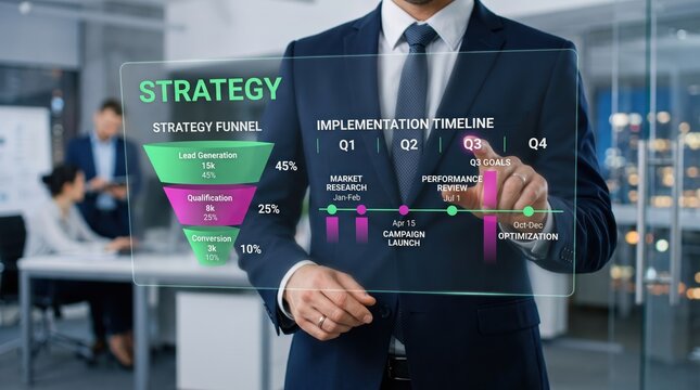 Business professional interacting with futuristic holographic strategy funnel and implementation timeline interface in modern office for corporate planning and growth.