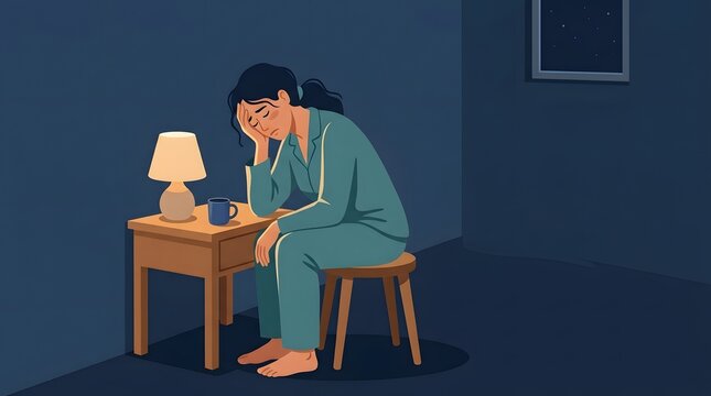 Insomnia Woes: A woman in pajamas sits slumped on a stool in a dimly lit room, head in hand, a lamp casting a soft glow beside her, as she struggles with sleeplessness and its emotional toll.
