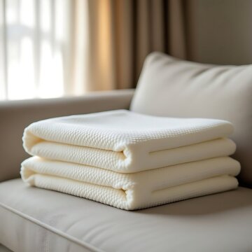 A neat stack of soft white folded blankets resting comfortably on a modern couch in a brightly lit room.