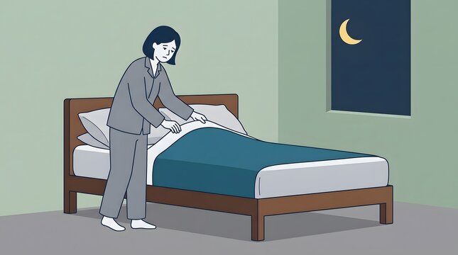 Getting Ready for Bed: A person in pajamas prepares a cozy bed for a good night's sleep, with a crescent moon visible outside the window, symbolizing rest and tranquility.