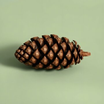 A single brown pine cone rests horizontally on a plain light green background.