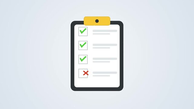 Clipboard checklist animation showing task completion with warning sign and error mark.
