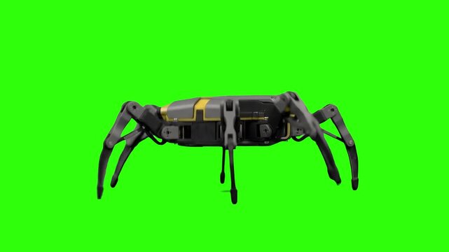 Detailed 3D CGI rendering of a high-tech sci-fi robotic spider or mechanical quadrupeds drone isolated on a chroma key green screen background. Great for sci-fi movies, technology promos, military rob