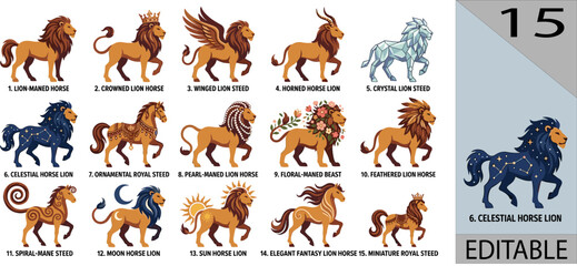 Obraz premium Collection of 15 fantasy horse lion illustrations with crowned winged celestial floral ornamental designs vector editable