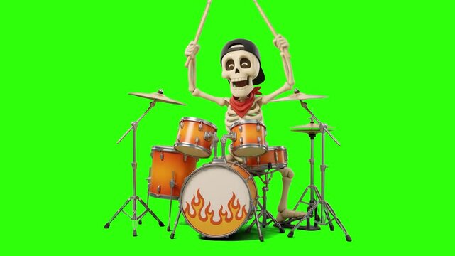 A 3D animated skeleton musician in a cap and bandana playing a full drum set with drumsticks raised high on a chroma key green background. Great for Halloween music promos, rock concert graphics, musi