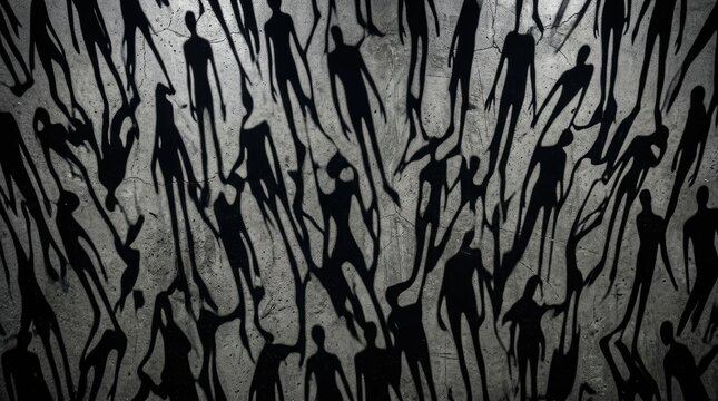 Top-down macro pattern of elongated humanoid shadows and silhouettes on a cracked concrete floor with high-contrast chiaroscuro lighting and eerie industrial texture