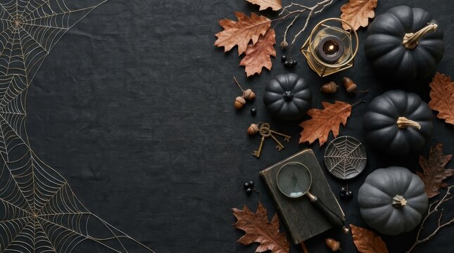 Elegant Halloween Flat Lay Background with Matte Black Pumpkins, Gold Spiderwebs, Dried Leaves, and Vintage Accessories on Dark Linen Texture with Large Copy Space