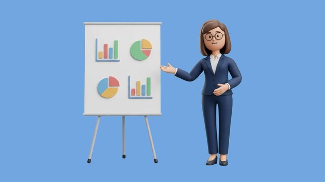 A 3D animated businesswoman in a navy blue suit and glasses pointing at a flipchart board showing financial charts and pie graphs against a soft blue background. Ideal for corporate analytics, sales r