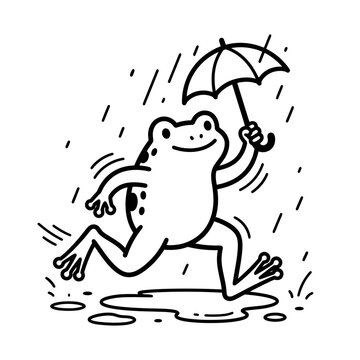 Line art illustration of a cute cartoon frog running in the rain holding an umbrella and splashing in a puddle