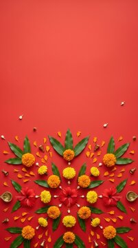 Minimalist festive flatlay with marigold and hibiscus flowers on red background for Durga Puja and Dussehra celebration