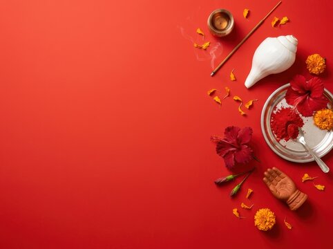 Durga Puja Visarjan Ritual Items Flatlay on Red Background with Copy Space; Traditional Offerings of Conch, Hibiscus, Vermilion, and Marigold for Indian Festival Celebration Banner